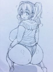 Rule 34 | 1girl, ass, breasts, headphones, highres, huge ass, huge breasts, looking back, nitroplus, open mouth, plump, sagging breasts, shiny skin, short twintails, sketch, solo, squatting, super pochaco, sweatdrop, sweater, traditional media, tsuji santa, twintails, underwear