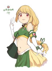 Rule 34 | 1girl, absurdres, armband, bad id, bad twitter id, bag, bare shoulders, between breasts, blonde hair, blurry, blush, braid, breasts, cloba, commentary request, crop top, elbow gloves, envelope, floating hair, gloves, green ribbon, green shirt, green skirt, hair ribbon, hand up, highres, holding, holding envelope, inactive account, long hair, looking at viewer, medium breasts, midriff, miniskirt, navel, original, parted lips, red eyes, ribbon, shirt, shoulder bag, sidelocks, signature, simple background, single braid, skirt, sleeveless, sleeveless shirt, solo, stomach, strap between breasts, very long hair, white background, white gloves