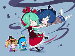 Rule 34 | 4girls, barefoot, black footwear, black hat, blonde hair, blue background, blue bow, blue hair, blue skirt, boots, bow, brown dress, can, chibi, closed eyes, dress, drill hair, drinking, eating, eyewear on head, food, fruit, green hair, grin, hair bow, hat, hat bow, highres, hinanawi tenshi, holding, holding can, holding hands, hood, hoodie, interlocked fingers, jacket, jakomurashi, kagiyama hina, multicolored clothes, multicolored dress, multiple girls, o o, peach, pink bow, pink dress, puffy short sleeves, puffy sleeves, purple jacket, red dress, short sleeves, simple background, sitting, skirt, smile, standing, standing on one leg, sunglasses, tears, teeth, top hat, touhou, yorigami jo&#039;on, yorigami shion
