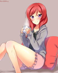Rule 34 | 10s, 1girl, blush, cup, dated, frilled shorts, frills, highres, hood, hoodie, looking at viewer, love live!, love live! school idol festival, love live! school idol project, mug, nishikino maki, pillow, purple eyes, red hair, short hair, shorts, simple background, sitting, smile, solo, steam, thighs, yu-ta