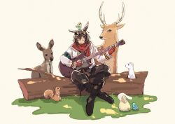 Rule 34 | 1boy, animal, animal on head, arknights, bird, bird on head, black footwear, black shorts, boots, brown hair, chinese commentary, closed eyes, commentary request, courier (arknights), deer, facing viewer, fingerless gloves, frog, full body, gloves, goggles, goggles on head, grass, guitar, highres, holding, holding instrument, infection monitor (arknights), instrument, jacket, jiditekuai, log, long sleeves, male focus, music, on head, parted lips, playing instrument, rabbit, red gloves, red scarf, scarf, short hair, shorts, smile, solo, squirrel, weasel, white jacket