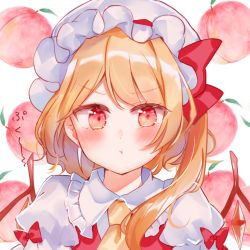 Rule 34 | 1girl, :t, blonde hair, blush, bow, closed mouth, collared shirt, flandre scarlet, food, frilled shirt collar, frills, fruit, hat, long hair, looking at viewer, mob cap, moko (mokochisa), one side up, peach, pout, puffy short sleeves, puffy sleeves, red bow, red eyes, red vest, shirt, short sleeves, solo, touhou, translation request, upper body, v-shaped eyebrows, vest, white background, white hat, white shirt, yellow neckwear