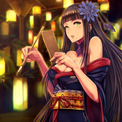 Rule 34 | 10s, 1girl, black hair, blush, breasts, cleavage, final fantasy, final fantasy xiv, flower, green eyes, hair flower, hair ornament, highres, large breasts, long hair, looking away, parted lips, pecolondon, smile, solo, tanabata, yotsuyu goe brutus