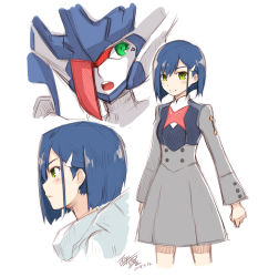 Rule 34 | 10s, blue hair, blush, clenched hand, commentary request, darling in the franxx, dated, delphinium (darling in the franxx), from side, frown, green eyes, hair ornament, hairclip, ichigo (darling in the franxx), mecha, multiple views, open mouth, robot, short hair, signature, simelu, smile, standing, uniform, white background