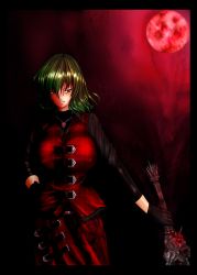 Rule 34 | &gt;:), 1girl, adapted costume, black gloves, breasts, cowboy shot, devil may cry (series), floral print, full moon, gloves, green hair, hand on own hip, jewelry, kazami yuuka, large breasts, letterboxed, long sleeves, moon, nelo anjuurou, parody, pendant, plaid, plaid skirt, plaid vest, rebellion (sword), red eyes, red moon, red skirt, red vest, short hair, skirt, skirt set, smile, solo, touhou, upper body, v-shaped eyebrows, vest