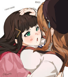 Rule 34 | 2girls, black hair, breasts, brown hair, brown hat, commentary, english commentary, hair ornament, hairclip, hand on another&#039;s head, hat, highres, hug, jewelry, kunikida hanamaru, kurosawa dia, large breasts, lipstick mark, long hair, love live!, love live! school idol project, mole, mole under mouth, multiple girls, niant9n, open mouth, pink shirt, ring, shirt, simple background, twitter username, upper body, white background, yuri