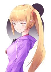 Rule 34 | 1girl, absurdres, blonde hair, fang, fang out, from side, highres, hood, hood down, hooded jacket, jacket, kinrucy, kiss-shot acerola-orion heart-under-blade, long hair, looking at viewer, monogatari (series), oshino shinobu, pointy ears, purple jacket, side ponytail, skin fang, slit pupils, solo, upper body, very long hair, white background, yellow eyes