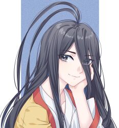 Rule 34 | 1boy, antenna hair, black eyes, black hair, blue background, chinese clothes, closed mouth, dongfang yuechu, hair over eyes, hand on own cheek, hand on own face, hand up, hanfu, head rest, highres, huyao xiao hongniang, kumu zaisheng, long bangs, long hair, looking to the side, shirt, smile, solo, two-tone background, upper body, white background, wide sleeves, yellow shirt