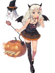 Rule 34 | 1girl, black dress, black thighhighs, clothes writing, costume, demon horns, demon wings, dress, ghost, grecale (kancolle), hair ribbon, halloween, halterneck, hat, horns, jack-o&#039;-lantern, jiji (aardvark), kantai collection, long hair, official art, polearm, ribbon, see-through, single thighhigh, sleeveless, sleeveless dress, thighhighs, transparent background, trident, turret, weapon, wings, witch hat