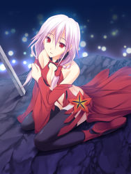 Rule 34 | 10s, 1girl, bare shoulders, black thighhighs, breasts, center opening, cleavage, detached sleeves, from above, guilty crown, long hair, looking at viewer, looking up, open mouth, pink hair, red eyes, sitting, solo, takepon, thighhighs, twintails, wariza, yuzuriha inori