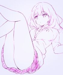 Rule 34 | 1girl, akina tsukako, breasts, commentary, expressionless, eyelashes, eyes visible through hair, feet out of frame, gridman universe, hair between eyes, hair over shoulder, highres, jacket, knees together feet apart, large breasts, legs up, light blush, long hair, looking afar, miniskirt, monochrome, parted lips, pleated skirt, simple background, skirt, solo, ssss.gridman, straight hair, takarada rikka, thighs, white background