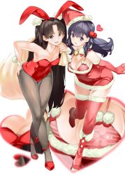 Rule 34 | 2girls, absurdres, animal ears, bare shoulders, bell, black hair, black legwear, blush, boots, breasts, christmas, cleavage, collar, commentary, commentary request, elbow gloves, fake animal ears, fate/stay night, fate (series), fishnet pantyhose, fishnets, gift bag, gloves, green eyes, hair ornament, hat, highres, large breasts, leaning forward, leotard, long hair, looking at viewer, matou sakura, medium breasts, multiple girls, neck bell, pantyhose, playboy bunny, purple eyes, purple hair, rabbit ears, santa boots, santa costume, santa gloves, santa hat, siblings, sisters, smile, standing, tohsaka rin, tsukamori shuuji, twintails, wrist cuffs