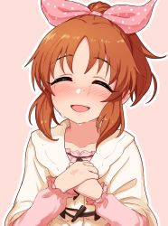 Rule 34 | 1girl, abe nana, bad id, bad twitter id, blouse, blush, bow, closed eyes, commentary request, crying, hair bow, highres, idolmaster, idolmaster cinderella girls, idolmaster cinderella girls starlight stage, long hair, long sleeves, nose blush, omaru gyuunyuu, open mouth, orange hair, own hands together, polka dot, polka dot bow, ponytail, shawl, shirt, simple background, smile, solo, tears, upper body