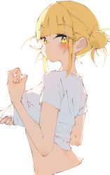Rule 34 | 1girl, back, blonde hair, blunt bangs, blush, boku no hero academia, breasts, closed mouth, clothes lift, commentary, cropped torso, double bun, from behind, hair bun, hands up, highres, looking at viewer, looking back, medium breasts, messy hair, pouty lips, rasusurasu, shirt, shirt lift, short hair with long locks, short sleeves, sidelocks, simple background, solo, straight hair, toga himiko, upper body, white background, white shirt, yellow eyes
