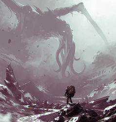 Rule 34 | 1other, absurdres, ambiguous gender, backpack, bag, eldritch abomination, fog, giant, giant monster, glowing, glowing eyes, highres, kalmahul, monster, original, outdoors, scenery, snow, standing, tentacles
