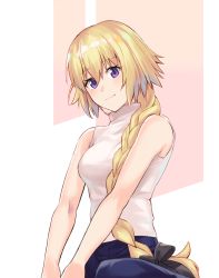 Rule 34 | 1girl, bad id, bad pixiv id, black bow, blonde hair, blue eyes, blue pants, bow, braid, braided ponytail, fate/apocrypha, fate (series), hair between eyes, hair bow, hair over shoulder, jeanne d&#039;arc (fate), jeanne d&#039;arc (ruler) (fate), long hair, looking at viewer, nyorotono, pants, single braid, sitting, smile, solo, sweater, turtleneck, turtleneck sweater, very long hair, vest, white vest