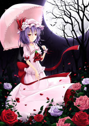 Rule 34 | 1girl, bat wings, bow, cloudy.r, dress, female focus, flower, hat, highres, moon, night, night sky, pink hat, purple hair, red eyes, red flower, red rose, remilia scarlet, ribbon, rose, short hair, sky, smile, solo, touhou, umbrella, wings, wrist cuffs, zzz36951