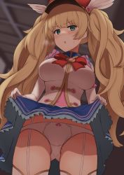 Rule 34 | 1girl, blonde hair, blush, breasts, clothes lift, elbow gloves, garter straps, gloves, granblue fantasy, green eyes, hat, highres, large breasts, long hair, looking at viewer, monika weisswind, panties, pyonsan, skirt, skirt lift, sleeveless, solo, thighhighs, twintails, underwear, very long hair