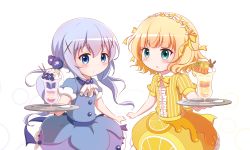Rule 34 | 2girls, :o, aqua eyes, ascot, blonde hair, blue dress, blue eyes, blue hair, blueberry hair ornament, blush, bow, bowtie, center frills, closed mouth, collared dress, commentary request, dress, food-themed hair ornament, frills, gochuumon wa usagi desu ka?, goth risuto, hair between eyes, hair ornament, holding, holding tray, kafuu chino, kirima syaro, long hair, low twintails, multiple girls, parfait, parted lips, puffy short sleeves, puffy sleeves, short sleeves, striped clothes, striped dress, tray, twintails, vertical-striped clothes, vertical-striped dress, very long hair, white ascot, white background, x hair ornament, yellow bow, yellow bowtie, yellow dress