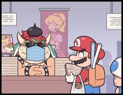 Rule 34 | 3boys, armlet, ayyk92, backpack, bag, black border, blue overalls, border, bowser, bracelet, brown bag, closed mouth, colored skin, convention, gloves, green skin, holding, holding manga, horns, indoors, interlocked fingers, jewelry, manga (object), mario, mario (series), mask, mouth mask, multiple boys, nintendo, overalls, poster (object), princess peach, red headwear, spiked armlet, spiked bracelet, spiked shell, spikes, sunglasses, super mario bros. 1, toad (mario), v-shaped eyebrows, white gloves