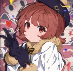 1girl :/ absurdres black_bow black_bowtie black_gloves blurry blush bow bowtie brown_eyes brown_hair closed_mouth commentary_request confetti depth_of_field dot_nose dress fur-trimmed_jacket fur_trim gloves graffiti green_dress hands_up hat heart highres idolmaster idolmaster_million_live! idolmaster_million_live!_theater_days jacket long_sleeves looking_at_viewer nonohara_akane ooho0216 short_hair solo tile_wall tiles upper_body w white_jacket