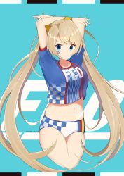 Rule 34 | 1girl, absurdres, arms behind head, arms up, bikini, bikini bottom only, blonde hair, blue background, blue eyes, blue shirt, blush, body writing, bradamante (fate), bradamante (festival outfit) (fate), braid, breasts, checkered clothes, checkered panties, checkered shirt, closed mouth, clothes writing, copyright name, crown braid, fate/grand order, fate (series), hair between eyes, heroic spirit chaldea park outfit, highres, large breasts, long hair, looking at viewer, midriff, navel, panties, shirt, short sleeves, simple background, smile, solo, swimsuit, thighs, twintails, underwear, very long hair, yomogi uehara