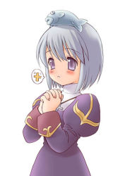Rule 34 | 1girl, animal, animal on head, black dress, blush, commentary request, cross, cross necklace, dress, fish, grey hair, jewelry, juliet sleeves, kuroda akimi, long sleeves, looking afar, necklace, on head, own hands together, parted lips, priest (ragnarok online), puffy sleeves, purple eyes, ragnarok online, short hair, simple background, solo, upper body, white background