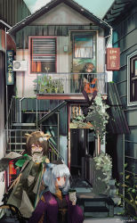 Rule 34 | 3girls, absurdres, ahoge, air conditioner, arknights, black headwear, black pants, black shirt, black sweater, brown hair, building, coffee cup, cup, day, disposable cup, door, drinking, enne kl, grey hair, hat, highres, holding, holding cup, jacket, long hair, long sleeves, looking at viewer, mayer (arknights), multiple girls, off shoulder, official alternate costume, open clothes, open jacket, orange jacket, outdoors, owl ears, pants, parted lips, plant, ptilopsis (arknights), ptilopsis (serenity) (arknights), purple jacket, red eyes, round eyewear, scenery, shirt, short hair, silence (arknights), silence (frosted breath) (arknights), stairs, sweater, window, yellow eyes