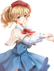 Rule 34 | 1girl, absurdres, acca 13-ku kansatsu-ka, blonde hair, blue dress, blue eyes, blush, bow, commentary request, dress, hat, highres, long sleeves, looking at viewer, lotta otus, open mouth, ponytail, red bow, red headwear, simple background, solo focus, white background, zipgaemi