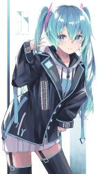Rule 34 | 1girl, 39, absurdres, aqua eyes, aqua hair, azarasi haru, bandage on face, bandages, barcode, black jacket, character name, commentary, garter straps, hair ornament, hand on own hip, hand up, hatsune miku, highres, hood, hoodie, jacket, leaning forward, long hair, looking at viewer, qr code, smile, solo, spring onion print, standing, thighhighs, twintails, very long hair, vocaloid, w, white background, white hoodie, zettai ryouiki, zipper, zipper pull tab