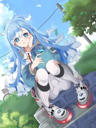 Rule 34 | 1girl, artist request, bicycle, bicycle basket, blue eyes, blue hair, bug, butterfly, butterfly on hand, cloud, highres, hololive, hololive indonesia, insect, kobo kanaeru, kobo kanaeru (1st costume), looking at viewer, sitting, sitting on stairs, solo, stairs, tree, virtual youtuber