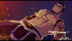 Rule 34 | 1boy, abs, alca (wakatanka4), animal ears, bara, beard, black hair, clothing cutout, commission, crotchless, crotchless pants, dutch angle, embers, facial hair, feet out of frame, from below, frown, happy birthday, highres, large pectorals, lion boy, lion ears, lion tail, looking at viewer, male focus, masayoshi togashi (alu379), mature male, muscular, muscular male, navel, navel hair, nipples, original, pants, pectorals, pelvic curtain, red eyes, short hair, solo, stomach, tail, thick eyebrows, thick thighs, thigh cutout, thighs, topless male