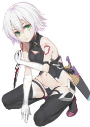 Rule 34 | 1girl, arm belt, bandaged arm, bandages, bare shoulders, breasts, buckle, cleavage cutout, closed mouth, clothing cutout, collarbone, dagger, emokakimasu, facial scar, fate/apocrypha, fate (series), green eyes, groin, hair between eyes, halterneck, highres, holding, holding knife, jack the ripper (fate/apocrypha), knife, looking at viewer, lowleg, lowleg panties, navel, panties, reverse grip, scabbard, scar, scar across eye, scar on cheek, scar on face, sheath, shirt, short hair, shoulder tattoo, silver hair, simple background, skindentation, sleeveless, sleeveless shirt, small breasts, solo, squatting, tattoo, thighhighs, underwear, weapon, white background