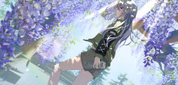 Rule 34 | 1girl, absurdres, blue flower, blurry, blurry foreground, cac itinose, commentary request, depth of field, feet out of frame, flower, green jacket, grey hair, grey shorts, hair between eyes, highres, jacket, layered sleeves, long hair, long sleeves, looking at viewer, looking to the side, open clothes, open jacket, original, profile, purple eyes, short over long sleeves, short shorts, short sleeves, shorts, solo, standing, very long hair, wisteria