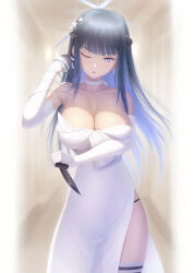 Rule 34 | 1girl, absurdres, bare shoulders, black hair, blue archive, blue eyes, blue hair, breasts, choker, cleavage, collarbone, colored inner hair, combat knife, dress, earrings, elbow gloves, gloves, halo, highres, jewelry, knife, large breasts, long hair, looking at viewer, masatoki, multicolored hair, one eye closed, open mouth, saori (blue archive), saori (dress) (blue archive), solo, thighs, weapon, white dress, white gloves