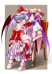 Rule 34 | 2girls, armchair, backless outfit, bat wings, blue hair, blush, boots, bow, capelet, chair, coat, crescent, dress, eichi yuu, embellished costume, female focus, hair bow, hat, hat ribbon, long hair, long sleeves, mob cap, multiple girls, open clothes, open coat, open mouth, patchouli knowledge, pink dress, pink footwear, pointy ears, puffy sleeves, purple dress, purple eyes, purple hair, red bow, red eyes, red ribbon, remilia scarlet, ribbon, shirt, short hair, short sleeves, sitting, sitting on person, skirt, skirt set, striped clothes, striped dress, touhou, very long hair, wide sleeves, wings, yuri