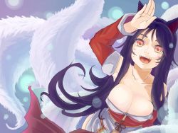 Rule 34 | 1girl, ahri (league of legends), animal ears, bare shoulders, black hair, breast press, breasts, cleavage, collarbone, detached sleeves, facial mark, fox ears, fox tail, highres, korean clothes, large breasts, league of legends, long hair, multiple tails, open mouth, orange eyes, smile, solo, srx61800, tail, whisker markings