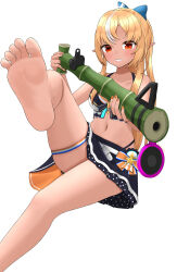 Rule 34 | 1girl, absurdres, barefoot, blonde hair, feet, foot out of frame, foot up, grin, hair ribbon, highres, hololive, hololive summer 2023 swimsuit, long hair, midriff, orange hair, pointy ears, presenting foot, ribbon, shiranui flare, simple background, smile, soles, solo, tamagotozi3420, tan, toes, virtual youtuber, white background