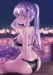 Rule 34 | 1girl, absurdres, arm behind head, ass, back, bad id, bad pixiv id, bikini, black bikini, blue hair, blush, breasts, butt crack, closed mouth, cup, drinking glass, feet out of frame, from side, girls&#039; frontline, green eyes, hair ornament, hairclip, highres, hk416 (girls&#039; frontline), holding, holding cup, light blue hair, lips, long hair, looking at viewer, medium breasts, ocean, side ponytail, sideboob, sitting, solo, swimsuit, teardrop facial mark, teardrop tattoo, thighs, turbulence, water, wet, wet clothes, wet swimsuit, wine glass