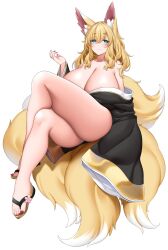 Rule 34 | 1girl, animal ear fluff, animal ears, blonde hair, blue eyes, blush, breasts, cleavage, feet, flower, fox ears, fox tail, hair between eyes, hand up, highres, huge breasts, legs, long hair, multiple tails, nail polish, off shoulder, original, red nails, sandals, simple background, sitting, smile, solo, suruga (xsurugax), tail, thighs, toenail polish, toenails, white background