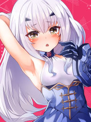 Rule 34 | 1girl, arm behind head, arm guards, arm up, armpits, bare shoulders, blue dress, blue gloves, blush, breasts, brown eyes, dress, melusine (fate), melusine (second ascension) (fate), fate/grand order, fate (series), forked eyebrows, frills, gloves, highres, long hair, looking at viewer, mochi (k620803n), open mouth, sidelocks, small breasts, solo, underbust, white hair