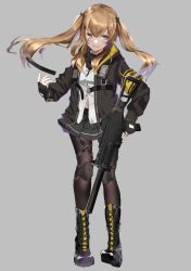 Rule 34 | 1girl, armband, boots, brown eyes, brown hair, cross-laced footwear, fingerless gloves, full body, girls&#039; frontline, gloves, grey background, h&amp;k ump, highres, hood, hoodie, jacket, knee pads, lace-up boots, miniskirt, pantyhose, pirapirapirapira, pleated skirt, scarf, shirt, simple background, skirt, solo, twintails, ump9 (girls&#039; frontline), weapon