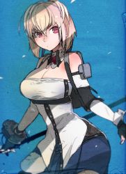 Rule 34 | 1girl, arm pouch, backpack, bad id, bad pixiv id, bag, bare shoulders, black gloves, blonde hair, blue skirt, breasts, claire victorious, cleavage, closed mouth, contrapposto, cowboy shot, fingerless gloves, gloves, god eater, hair between eyes, highres, idkuroi, large breasts, looking at viewer, pink eyes, pouch, short hair, skirt, solo