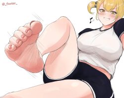 Rule 34 | 1girl, absurdres, barefoot, blonde hair, blush, feet, footer@unyaaan, grin, highres, looking at viewer, medium hair, short twintails, smile, soles, toes, twintails, yellow eyes