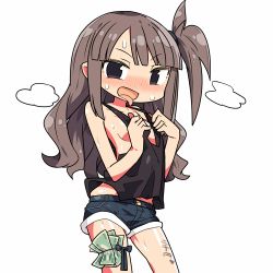 Rule 34 | 1girl, brown eyes, brown hair, kanikama, long hair, looking at viewer, lowres, money, tucked money, no bra, original, short shorts, shorts, side ponytail, solo, strap pull, sweat, tank top, tongue, tongue out, translated, white background