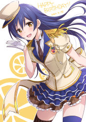 Rule 34 | 1girl, asymmetrical legwear, bad id, bad twitter id, blue hair, blush, commentary request, cowboy shot, dated, epaulettes, gloves, hair between eyes, happy birthday, hat, kamekoya sato, long hair, looking at viewer, love live!, love live! school idol project, mismatched legwear, necktie, open mouth, simple background, solo, sonoda umi, thighhighs, white background, white gloves, yellow eyes