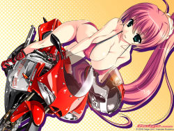 Rule 34 | 1girl, 2008, bent over, bikini, breasts, cleavage, covered erect nipples, galge.com, green eyes, imanaka koutarou, large breasts, leaning forward, long hair, motor vehicle, motorcycle, original, pink hair, ponytail, solo, swimsuit, vehicle, wallpaper