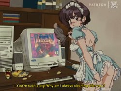 Rule 34 | 1990s (style), 1girl, alternate costume, apron, ass, black hair, blue dress, bluesona (bluethebone), bluethebone, can, chips (food), cleaning, computer, crt, desk, doom (game), doom (series), dress, drink can, duster, english text, enmaided, fictional persona, food, frilled apron, frills, garter straps, keyboard (computer), maid, maid headdress, monitor, mouse (computer), original, panties, potato chips, puffy short sleeves, puffy sleeves, red eyes, retro artstyle, short dress, short hair, short sleeves, soda can, surge (drink), thighhighs, underwear, waist apron, white apron, white panties, white thighhighs