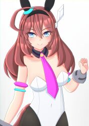 Rule 34 | 1girl, 2-butani, absurdres, ahoge, alternate costume, animal ears, arm up, armlet, black pantyhose, blue eyes, blush, breasts, brown hair, commentary request, cowboy shot, detached collar, ear ornament, frown, hair between eyes, hair ornament, hairclip, highres, horse ears, horse girl, horse tail, large breasts, leotard, long hair, mihono bourbon (umamusume), necktie, nontraditional playboy bunny, pantyhose, pink necktie, silver hairband, simple background, sitting, solo, tail, umamusume, white background, white leotard, wrist cuffs