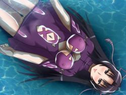 Rule 34 | 1girl, awa, black eyes, black hair, blush, breasts, cleavage, cleavage cutout, clothing cutout, detached collar, dress, covered erect nipples, floating, kazehana, large breasts, legs, long hair, looking at viewer, navel, pool, sekirei, smile, solo, thighs, water, wet, wet clothes, wide sleeves